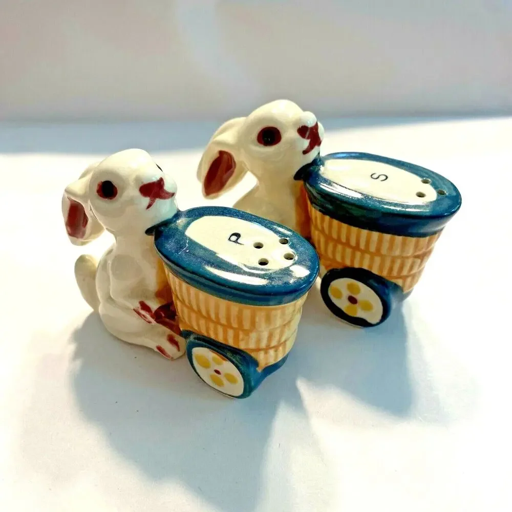 Salt & Pepper Shakers Set Bunny Rabbits Pushing Baskets Vintage Anthropomorphic